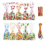 Cabilock 120Pcs Christmas Cellophane Bags, Clear Sweet Treat Pouches with Ties & Ribbons, 10 Festive Patterns for Xmas Biscuits Cookie Packaging Party Favours, Reinforced 2.5 Mil (28x13cm)