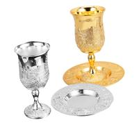 Cabilock 2 Sets Footed Wine Cups with Tray Metal Goblets for Shabbat Passover Wedding Judaica Blessing Chalices Vintage Design for Jewish Holiday Rituals and Table Decor