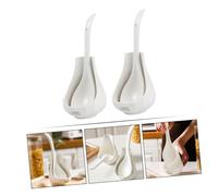 Cabilock 2 Sets Heavy Duty Ceramic Soup Spoons with Heat Resistant Long Handles and Porcelain Spoon Holders Porridge and Rice Practical Kitchen Utensil with Rest for Dining Table