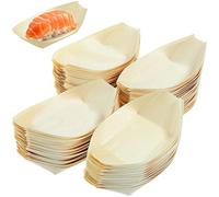 Cabilock 200PCS Wooden Sushi Serving Tray Plate Japanese Sashimi Dishes Food Container Take Out Trays for Restaurant Home Weddings Parties 13.5cmx7.7cm