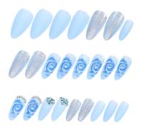 Cabilock 24 pcs Blue Rose Pattern Press False Nails with Rhinestone Decor DIY Artificial Nail for Women for Birthday Wedding Christmas Daily Wear