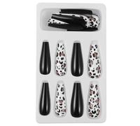Cabilock 24pcs Black Leopard Print Long Coffin Press Nails for Women Abs Material Stylish Full Cover Fake Nails for Home and Salon Fit with Multiple for Parties and Daily Wear