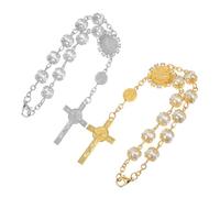 Cabilock 2pcs Car Rearview Mirror Cross Pendant with Sturdy Faux Pearl Beads Silver and Gold Trimmed Hanging Ornaments for Christian Blessing and Auto Interior Decoration