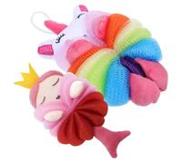 Cabilock 2pcs Cartoon Body Wash Loofah Bath Sponge Set Unicorn and Pink Crown Mermaid Design, Soft Exfoliating Shower Sponge for Bathing and Skin Cleaning