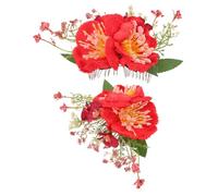 Cabilock 2Pcs Red Azalea Floral Hair Comb Clips for Women - Decorative Flower Side Combs for Wedding Bride, Holiday Photography, and Elegant Hair Styling