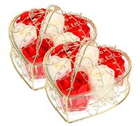 Cabilock 2pcs Rose Soap Flower Set with 6 Red and White Realistic Rose Petals in Iron Basket, Scented Bath Flowers Gift for Women Valentine's Day, Birthday, Mother's Day