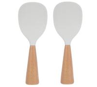 Cabilock 2pcs Self-Standing Silicone Rice Paddle with Wood Handle, Non-Stick Heat-Resistant Rice Scoop for Electric Cooker, Stable Serving Spoon for Sushi and Household Use