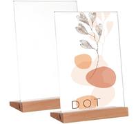 Cabilock 2pcs Shaped Clear Acrylic Sign Holder with Slanted Display Panel and Beech Wood Base Sign Stand for Wedding Menu Brochure Display Transparent Tabletop Stands for Office Restaurant