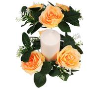 Cabilock 2pcs Small Artificial Rose Candle Wreaths with Cold Yellow Pillar Candle Rings Centerpieces for Dining Table Decoration