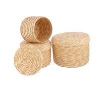 Cabilock 3 Pcs Pastoral Stalk Storage Buckets with Covers Handmade Rustic Clothes Baskets for Laundry and Household Organization Small to Large for Bedroom and Living Use
