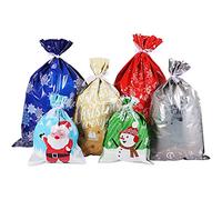 Cabilock 30Pcs Christmas Drawstring Gift Bags Set, Foil Xmas Wrapping Sacks with Ribbon Ties, Large Medium Small Multipack for Presents, Party Favours Decoration (Assorted Sizes)