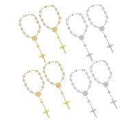 Cabilock 4pcs Imitation Pearl Prayer Beads Bracelet with Cross Charm Elegant Alloy Beaded Wrist Jewelry for Baptism Wedding Favors Religious Celebrations Men and Women