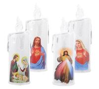 Cabilock 4pcs LED Jesus Candle Lights Warm Flickering Electronic Holy Night Lamps Religious Prayer Flameless Table Centerpiece for Christmas Easter Church Decor