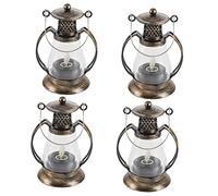 Cabilock 4pcs Vintage Hurricane Candle Lanterns with Handle Flickering LED Decorative Lamps for Indoor Outdoor Festival Home Ambiance Retro Bronze Hanging and Handheld Lights