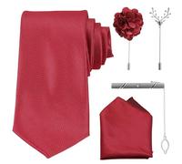 Cabilock 5 Pcs Elegant Red Tie and Pocket Square Set for Men with Tie Clip and Lapel Brooch Pin, Polyester and Alloy Material, for Special Gatherings and Meetings, Complete Dressing
