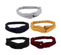 Cabilock 5 Pcs Knitted Cotton Stretchy Knot Headbands for Women, Plain Hairbands in Grey, Black, Mustard, Wine Red, Navy - Soft Elastic Hair Wraps for Daily Wear and Workout