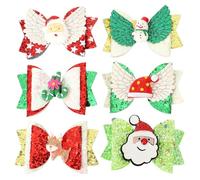 Cabilock 6Pcs Christmas Hair Clips Glitter Bow Barrettes Set with Snowman, Santa Hat, Reindeer, Candy Cane, Angel Santa Designs - Festive Hair Accessories for Holiday Parties