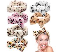 Cabilock 6pcs Plush Leopard Print Spa Headbands with Bowknot Soft Elastic Skincare Hair Bands for Washing Face Makeup Bath and Facial Care Cozy Coral Fleece for Women