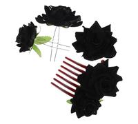 Cabilock Black Fabric Rose Hair Clips Set 4 Pieces with 7-tooth Comb, 2 U-shaped Pins and Brooch - Small Floral Bridal Hair Accessories for Wedding, Party and Flamenco Styles