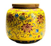 Cabilock Ceramic Tea Canister with Airtight Wood Lid Vintage Chinese Style Tea Storage Jars Traditional Tea Tins Cans Tea 230ML for Kitchen Spice Tea Coffee Condiment Yellow