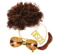 Cabilock Disco Costume with Brown Wig Gold Chain Necklace Large Frame Sunglasses Lightweight Sunglasses Party Accessories for Themed Dress Up and Photo Props