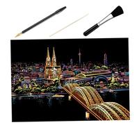 Cabilock DIY Night View Scratch Drawing Kit with Cologne Cathedral Scene Scratch Paper Crafts Including Bamboo Stick Gold Pen Black Brush for Artistic Home Decoration