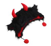 Cabilock Funny Black Plush Cow Horn Hat with Ear Protection, Lightweight and Shape-maintaining Beanie for Winter Theme Celebrations and Stage Plays, Unique Cosplay Party Headwear