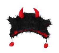 Cabilock Funny Cosplay Beanie Hat with Black Plush Horns Lightweight Warm Hat that Fully Covers Ears and Photo Booth Props