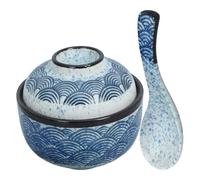 Cabilock Japanese Ceramic Miso Soup Bowl with Lid and Spoon, Blue Ramen Bowl Set for Noodles, Rice, and Stews, 2Pcs Covered Bowls for Home Kitchen