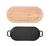 Cabilock Japanese-style Cast Iron Steak Grill Plate 22x11cm Non-stick Teppanyaki Fish Grill Pan with Wooden Base 2cm Deep Mini Rectangular Serving Dish for Home and Restaurant