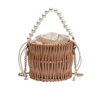 Cabilock Khaki Woven Pearl Handbag for Women with Hand-carried and Shoulder Carry Features, Unique Summer Beach Bag Suitable for Party and Holiday Travel
