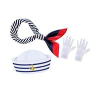 Cabilock Nautical Yacht Captain Hat Set with Scarf and Gloves Lightweight Breathable Blue White Striped Sailor Costume for Summer Parties Role Play Halloween and Celebrations