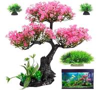 Cabilock Pink Cherry Blossom Aquarium Decor, 12.2 Inch Artificial Sakura Tree Fish Tank Plant with Stable Base, Realistic Plastic Aquarium Ornament for Betta, Goldfish, Turtle Tank Accessories, 4PCS