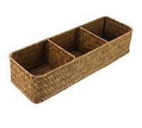 Cabilock Rattan Basket Tea Bag Sugar Packet Holder 3 Sections Wicker Pantry Organizer Wicker Rattan Divided Basket Organizer for Drawer/Shelf/Countertop Yellow Storage