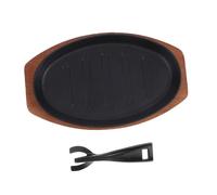 Cabilock Rectangular Cast Iron Grill Plate with Wooden Handle for Even Heat Distribution, Versatile Fajita Pan for Indoor BBQ and Grilled Meat Serving