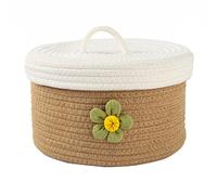 Cabilock Small Woven Basket Round Rattan Boxes Round Lidded Basket Cotton Rope Woven Storage with Lid Desktop Toys Organizing Box Sundries Container - L Wicker
