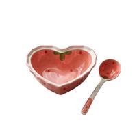 Cabilock Strawberry Bowl with Spoon, Cute Heart-Shaped Ceramic Snack Bowl | Compact 15 x 14.5 x 5.5 cm Size for Fruit, Sweets, Snacks, Yoghurt and Small Desserts at Breakfast or Snack Time