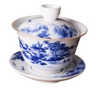 Cabilock Traditional Chinese Ceramic Kung Fu Tea Cup Set with Saucer and Lid, Decorative Multi-use Tea Holder for Office and Restaurant Use, Featuring Classic Blue and White Porcelain