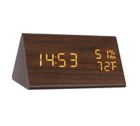 Cabilock Triangle Digital Alarm Clock Wooden Electronic LED Time Display Humidity and Temperature Detect Wood Electric Clocks for Bedside