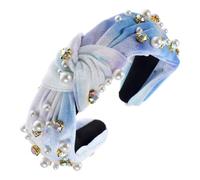 Cabilock Velvet Wide Knotted Headband Tie-Dye Pearl Decoration, Blue Gradient Fabric Hair Band for Women, Bridal and Party Accessories