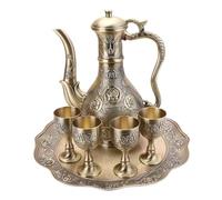 Cabilock Vintage Turkish Coffee Server Set with Embossed Rose Metal Wine Pot Tea Brewing Cups and Tray Elegant Home Bar Party Wine Drinking Kit Craft Ornament for Wedding Present