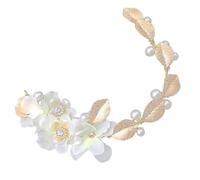 Cabilock White Cloth Flower Headband with Golden Leaf and Pearl Beads Wedding Hair Accessory for Bridal Party and Special Occasions