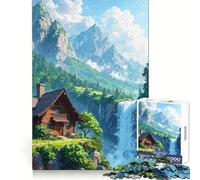 Cabin by Waterfall in Mountain Landscape 1000 Pieces Puzzles for Teenagers Focus Ability Casual Enjoyment Interlock Well Meaningful Gift (38x26cm)