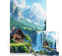 Cabin by Waterfall in Mountain Landscape Jigsaw for Teenagers 1000 Pieces Thought Skill Mindful Escape Accurate Edges Unique Gift (50x75cm)