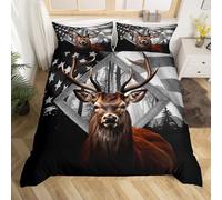 Cabin Deer Duvet Cover Set Queen Size,American Flag Geometric Square Patchwork Bedding Set for Boys Men,Jungle Wild Animals Rustic Farmhouse Comforter Cover,Retro Quilt Cover,2 Pillowcases(No Filler)