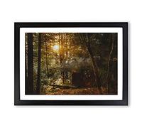 Cabin in The Forest Painting Framed Print | A2 Black Framed Wall Art | Ready to Hang | Modern Landscape Picture | Living Room Bedroom Lounge Office