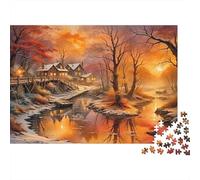 Cabin Reflection Jigsaw Puzzle Autumn Winter Glow 1000 Pieces Recycled Paper Adults Jigsaws Difficult Challenge Stimulate Brain Thinking Home Fun Gift 38x26cm/1000pcs