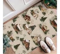 Cabin Runner Rug, Christmas Rustic Pine Tree Snow Xmas Brown Low Pile Sponge Edge Binding Doormat Throw Rug Rectangle for Kitchen Entryway Laundry Hallway Decor 2x3 Ft
