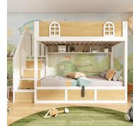 Cabin-Style Bunk Bed with Staircase Cabinet & Underbed Storage, Space-Saving Single Bed for Kids, 243L x 95W x 152H cm, Natural+White Aosom UK