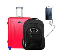 (Cabin Suitcase + Rucksack Bag + Powerbank) Vivien Kondor Travel Smart Luggage ABS Hard Shell Trolley with TSA Lock and Weight Scale (Black Rucksack Bag, Black PowerBank, Red Cabin Suitcase)